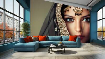 Beautiful Indian women portrait with jewelry. elegant Indian girl , bollywood style . Indian jewelry with dark skin model . Beautiful brunette asian girl with black veil on face Wall mural