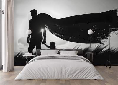 black and white silhouette of super dad or father and child, fathers day special Wall mural