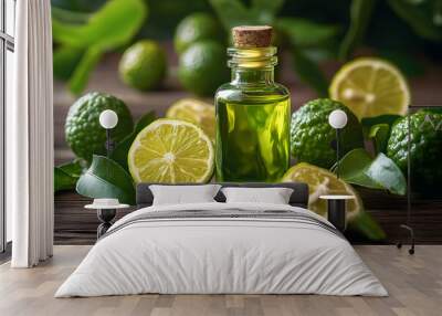 Bottle of bergamot essential oil is standing on a rustic wooden surface surrounded by fresh bergamot fruits and leaves Wall mural