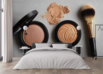 Bronzer, powder, blusher and brush on grey textured table, flat lay isolated with white highlights, png Wall mural