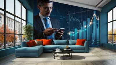 Businessman working with holographic dashboard analysing finance sales data, business growth graph chart and block chain technology. Wall mural