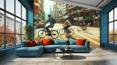 Bustling city street filled with cyclists commuting to work, showcasing the popularity of eco-friendly transportation modes, bike-sharing programs, vibrant energy of bike-friendly urban environment Wall mural