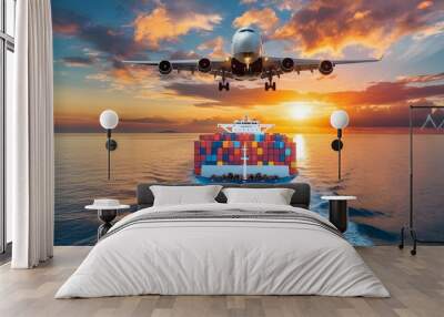 Cargo Ship and Airplane at Sunset on the Ocean Wall mural