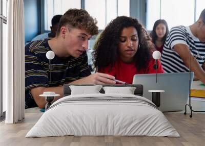 Caucasian teen boy and black teenage female high school students in class working together using laptop. Wall mural