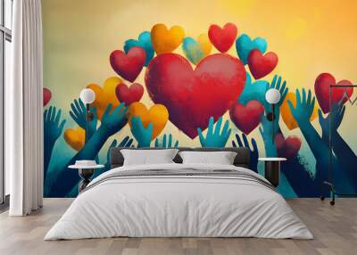 Charity illustration concept with abstract, diverse persons, hands and hearts. Wall mural