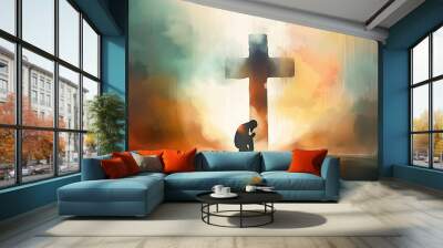 Christian man praying in front of a Christian cross, Jesus silhouette in background. Digital watercolor painting. Wall mural