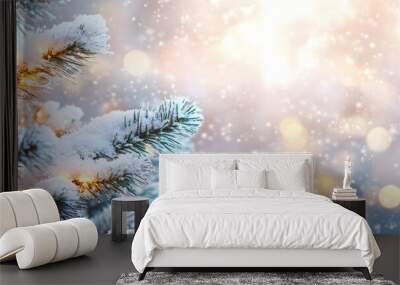 Christmas background. Xmas tree with snow decorated with garland lights, holiday festive background. Widescreen frame backdrop. New year Winter art design, Christmas scene wide screen holiday border Wall mural