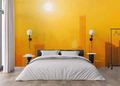 city hot temperature ,Thermometer on yellow sky with sun shining in summer show higher Weather, concept global warming Wall mural