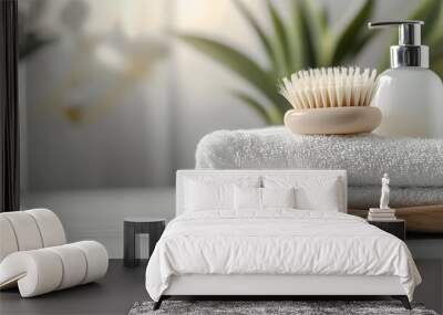 Close-up of spa essentials on a white towel. Wall mural