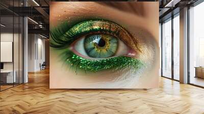 Close up of woman's eye with green St. Patrick's Day eyes makeup Wall mural