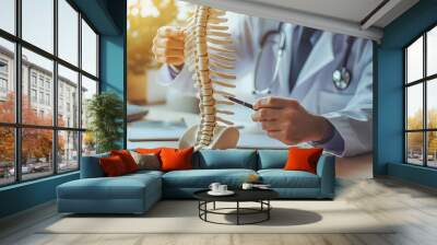 Closeup no face medical male doctor pointing on human spine model with a pen sitting in his office. Spinal healthcare and back pain treatment concept. Selective focus, copy space Wall mural