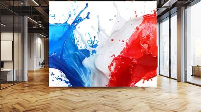 colorful french paint splash flag blue red whitwe color liquid explosion isolated white background. france tricolore europe celebration soccer travel tourism concept. Wall mural