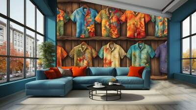 Colorful Hawaiian Shirts On Hangers Generative AI Wall mural