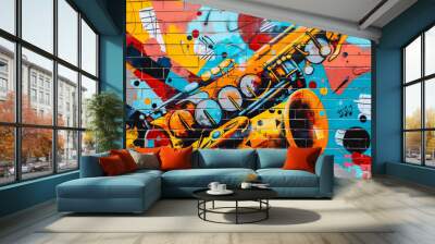 Colorful Saxophone Graffiti Mural on Brick Wall Wall mural