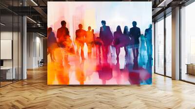 Colorful silhouettes of people painted in watercolor in a city at a networking event Wall mural