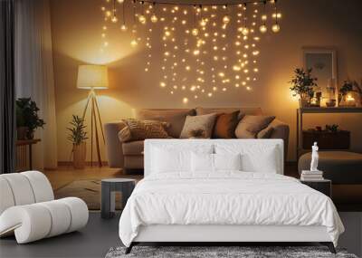 Cozy living room ambiance with warm floor lamp, table lamps, and string lights illuminating plush sofa, rug, and modern decorative elements in soft evening glow. Wall mural