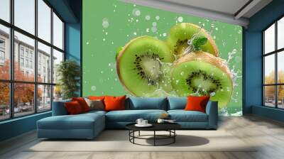 Creative layout made from Sliced of kiwi and water Splashing on a green background. Wall mural