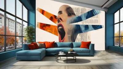 Creative trend collage of female head talking mouth speech news announce communication weird freak bizarre unusual fantasy Wall mural