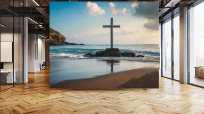 Cross on a Calm Seashore: A cross situated on a serene seashore. Wall mural