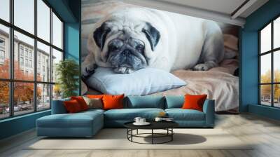 cute and adorable pug is sleeping at home on a small bad for a dog - pug bored indoor looking at the camera - white dog Wall mural