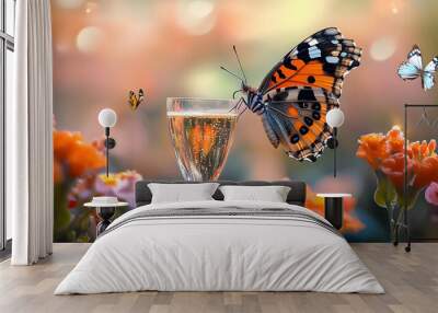 Dapper butterfly sipping nectar from champagne flute. Wall mural