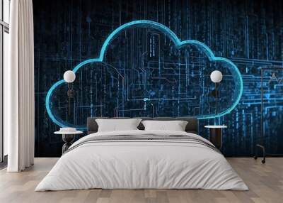 data transfer cloud technology concept. Cloud icon in the center with internal connections. Digital technology background. Wall mural