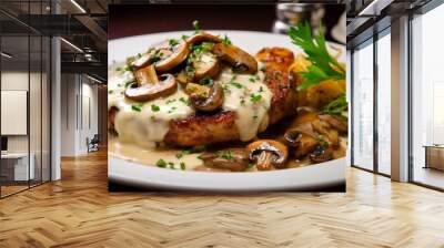 delicious chicken steak with mushrooms, herbs and sauce Wall mural