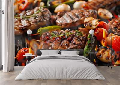 Delicious grilled meat with vegetables sizzling over the coals on barbecue Wall mural