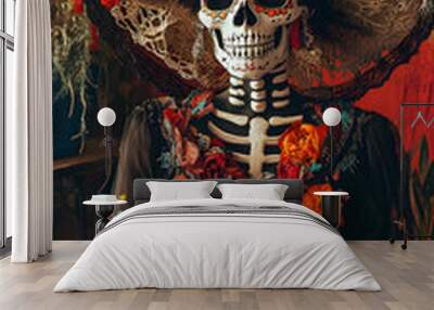 dia de los muertos day of the dead carnival party background, Cinco de Mayo skeleton, skull, catrina spoky and scary backdrop Wall mural