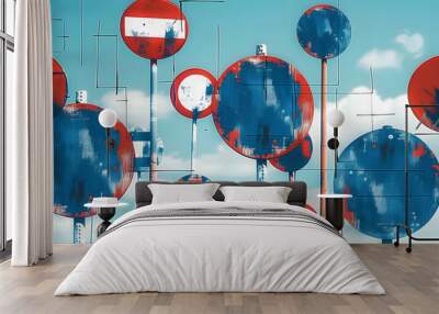 Digital illustration of blue and red traffic signs on clear backdrop Wall mural