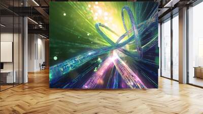 Digital stream in big data field. High-speed Internet and global cyber digitalization. Twisted strings of binary code in tunnel cyberspace 3D illustration Wall mural