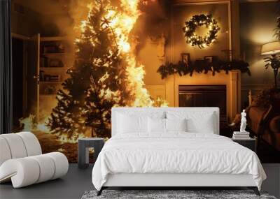 Dramatic image of burning Christmas tree Wall mural