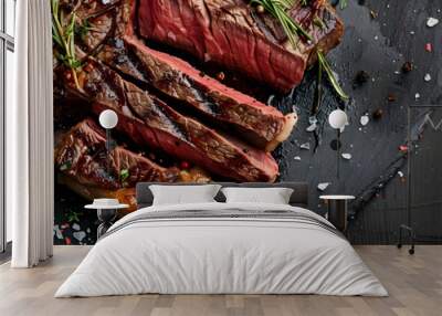 Dry Aged Barbecue Porterhouse Steak T-bone beef steak sliced with large fillet piece with herbs and salt. American meat restaurant Wall mural