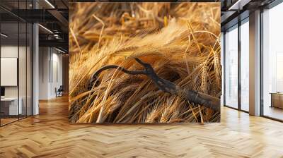 ears wheat and old sickle on field, natural background. Wheat field harvest and ripe wheat straws. harvesting, agriculture concept. top view Wall mural