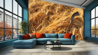 ears wheat and old sickle on field, natural background. Wheat field harvest and ripe wheat straws. harvesting, agriculture concept. top view Wall mural