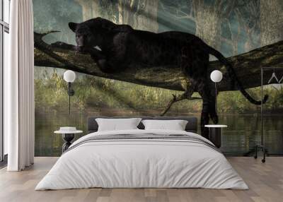 A black panther sits on a log over a small calm jungle pond.  Sunlight streams down through the forest canopy to illuminate the wild cat. 3D Rendering Wall mural