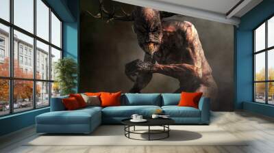 A horrifying monster with pale skin, long claws, sharp teeth, and an elongated head with antlers emerges from the night mists.  Meet the Wendigo. Wall mural