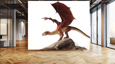 A huge red dragon is perched on a stone covered hill. Its wings spread, the monster of myth and legend looks to the side. On a white background. 3D Rendering Wall mural