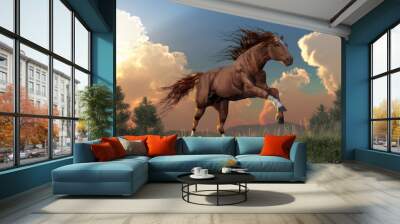 A thoroughbred horse, with a chestnut colored coat with three white socks, and a head with a white star and narrow stripe, gallops over grassy, wildflower covered hills. 3D Rendering Wall mural