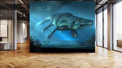 An mosasaurus swims towards you in shallow seas.  This creature was an aquatic reptile that lived in the ocean during the Cretaceous period. 3D Rendering Wall mural