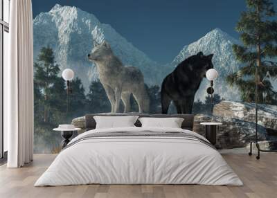 Two wolves stand upon a snow covered rock deep in the North American wilderness looking for prey.  One of the predators is a white coated arctic wolf, the other a black furred gray wolf. 3D Rendering Wall mural