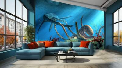 Under the surface of the Cretaceous sea, two mighty beasts do battle.  A giant octopus has snared a styxosaurus in its tentacles, a fight with the long necked marine reptile ensues. 3D Rendering Wall mural