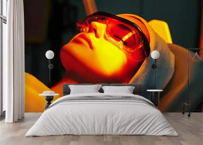 Express facial treatment with led therapy. Beautiful girl on a light therapy procedure. LED lamp with red and yellow light. Safe skin care. Woman in protective glasses. Beauty and wellness concept. Wall mural