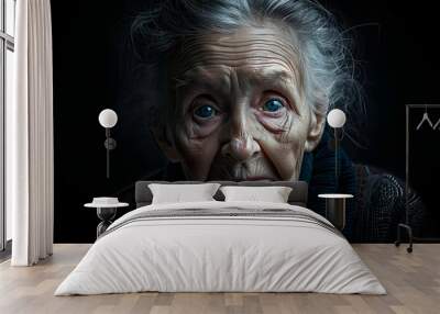 Face of sad very old woman on dark background Wall mural