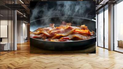 Fatty, crispy, golden fried bacon in the frying pan, steamy. Wall mural