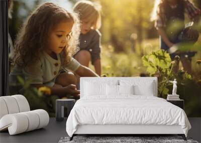 Young children are playing with dandelions Wall mural