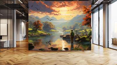 fisherman fishing on river Wall mural