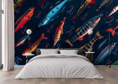 fishing lures illustration, dark colored background Wall mural