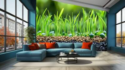 Freshly grown green grass with various types of seeds scattered on the soil, showcasing nature's beauty and the cycle of growth and renewal. Wall mural