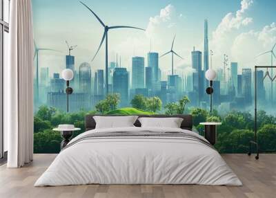 Futuristic Eco-Friendly Cityscape with Wind Turbines Wall mural